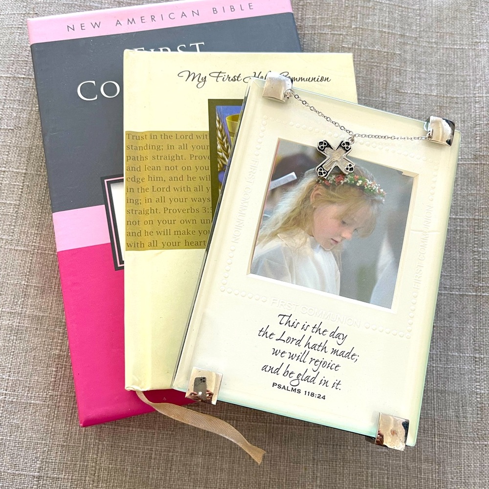 First Communion gift keepsake bundle of 3 items; Bible, book and photo frame